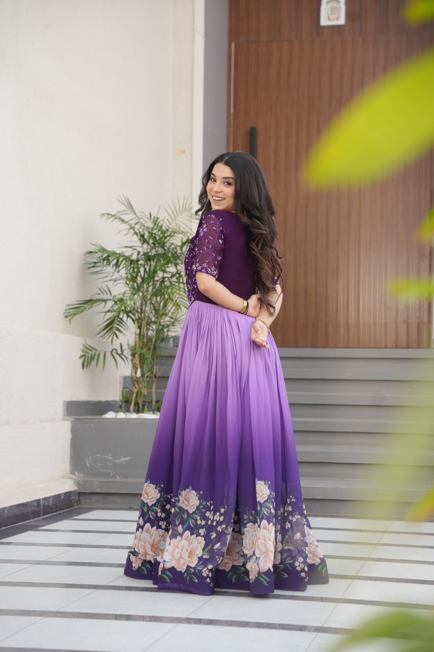 Women's Elegant Teal & Aqua Ombre Gown with Floral Printed Flair & Embellished Bodice – Perfect for Summer Festivities & Parties - Image 16